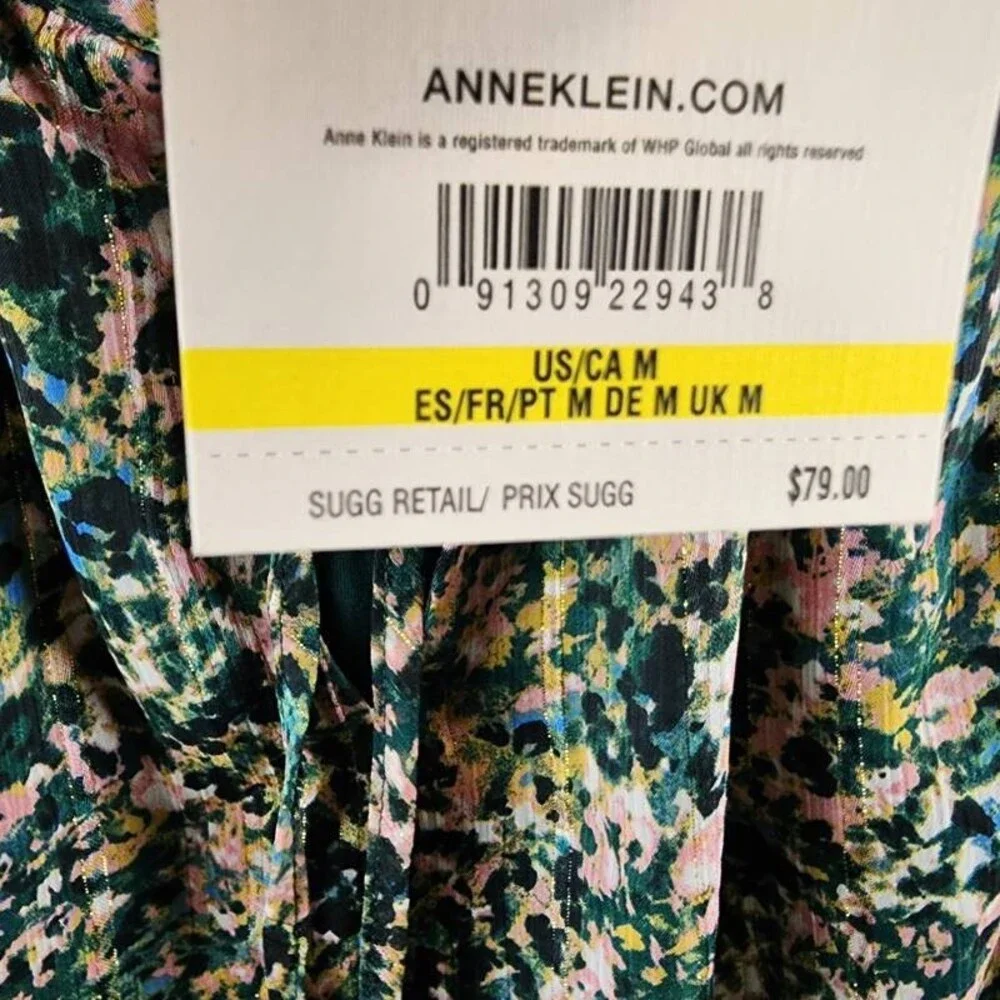 Anne Klein Tulla Printed Tie-Neck Blouse Women's M Pine Forest Multi Pullover - Picture 7 of 13